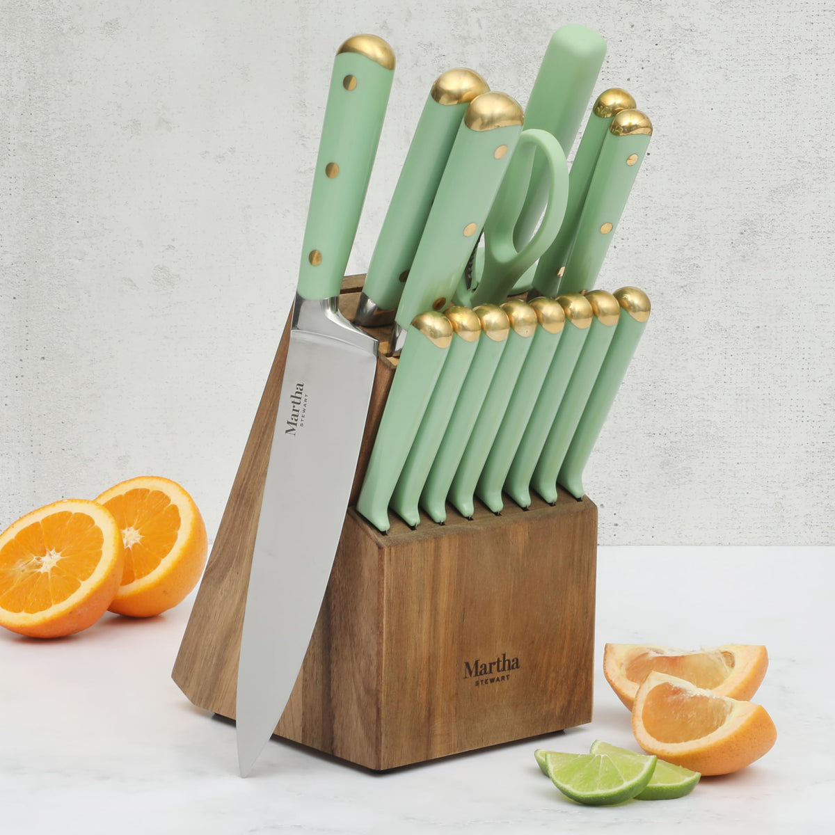 Acacia wood block safely stores knives with warm natural appeal