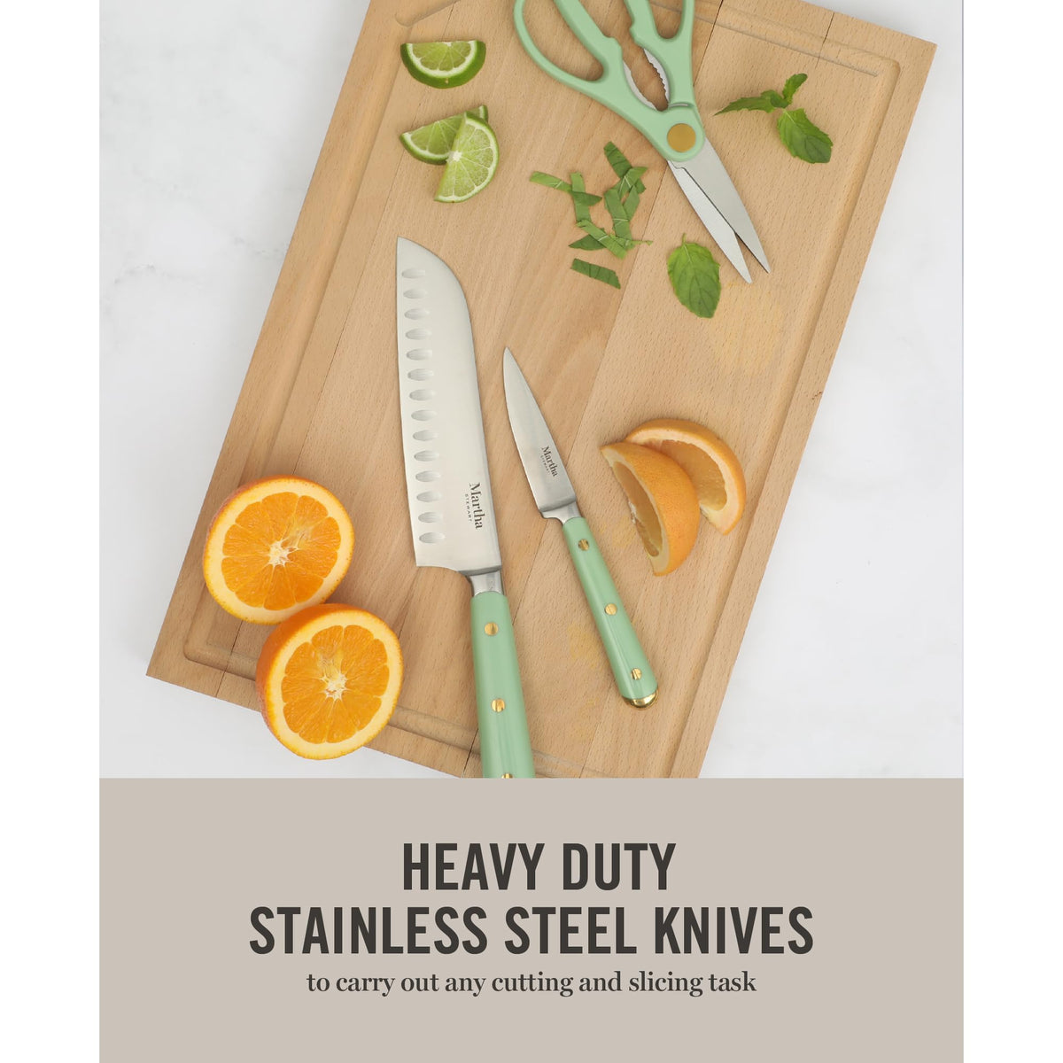 Forged full-tang construction offers balanced control during heavy-duty kitchen tasks