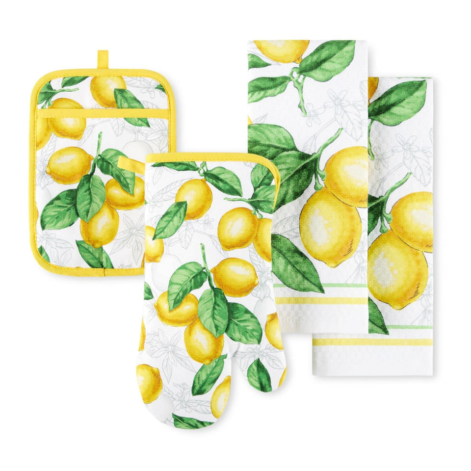 Martha Stewart Lots of Lemons kitchen towel absorbs spills for quick cleanup.