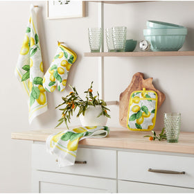Martha Stewart Lots of Lemons kitchen towel drying dishes and countertops.