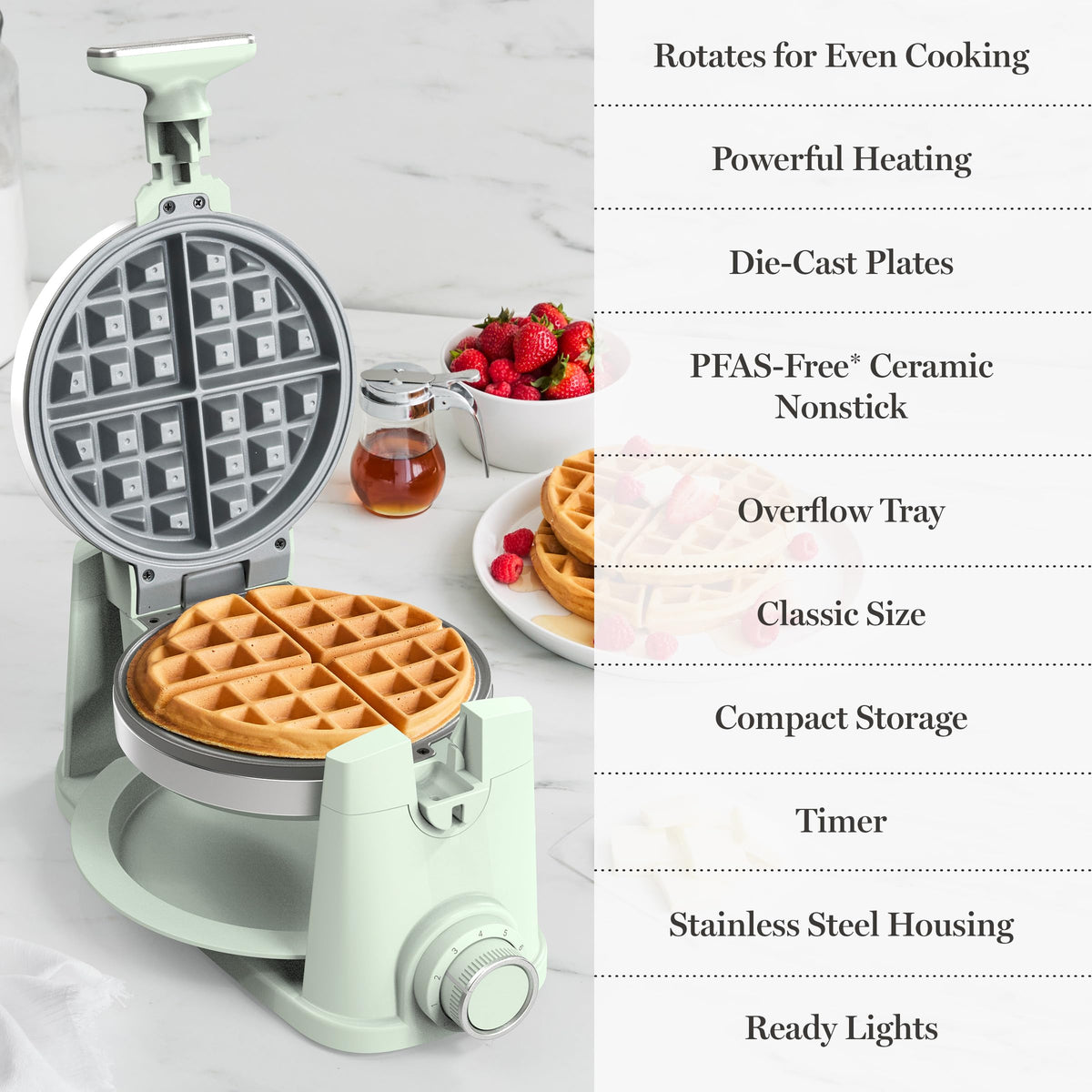 Martha Stewart overflow tray catches excess batter for mess-free cooking.