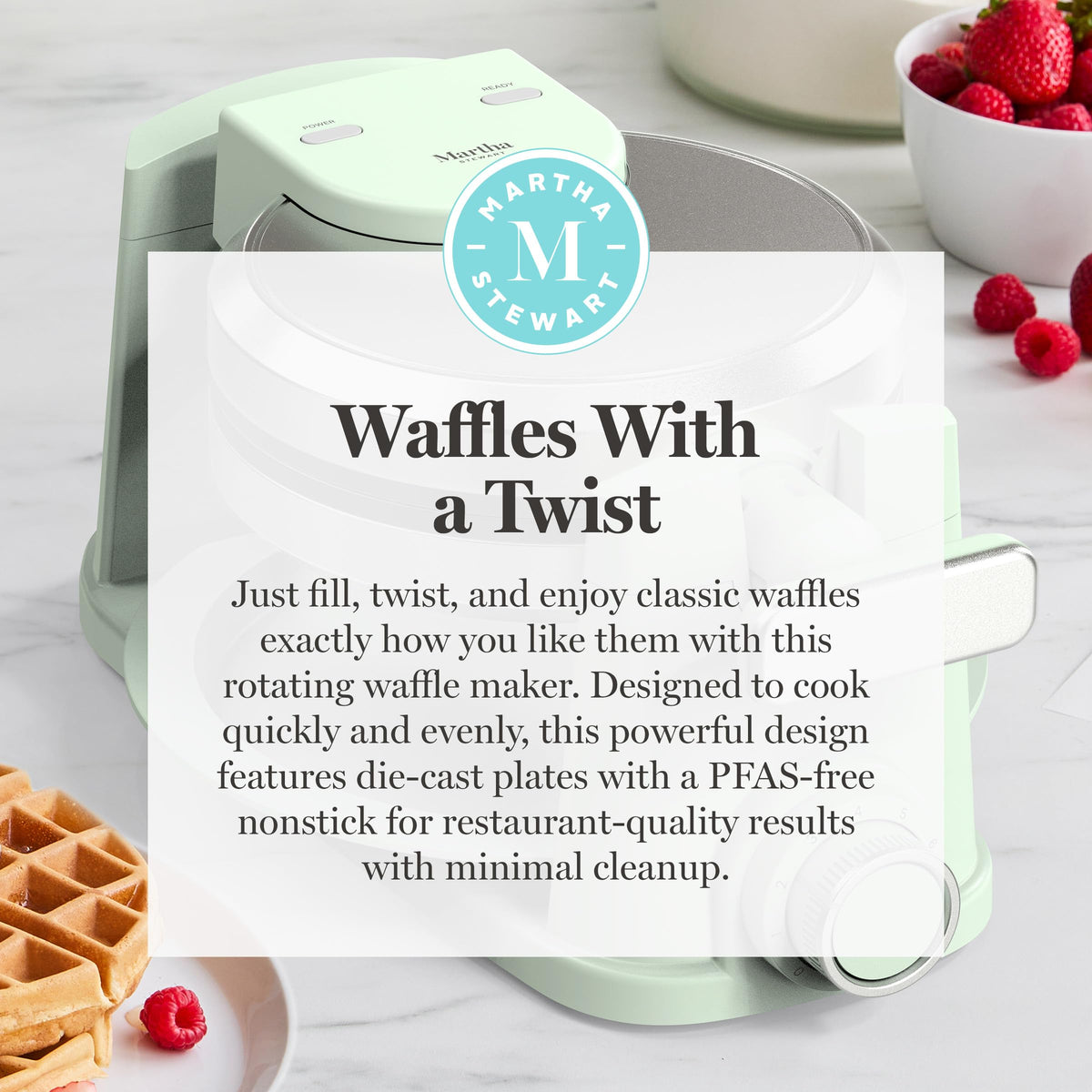 Martha Stewart ready light and adjustable timer for precise waffle timing.