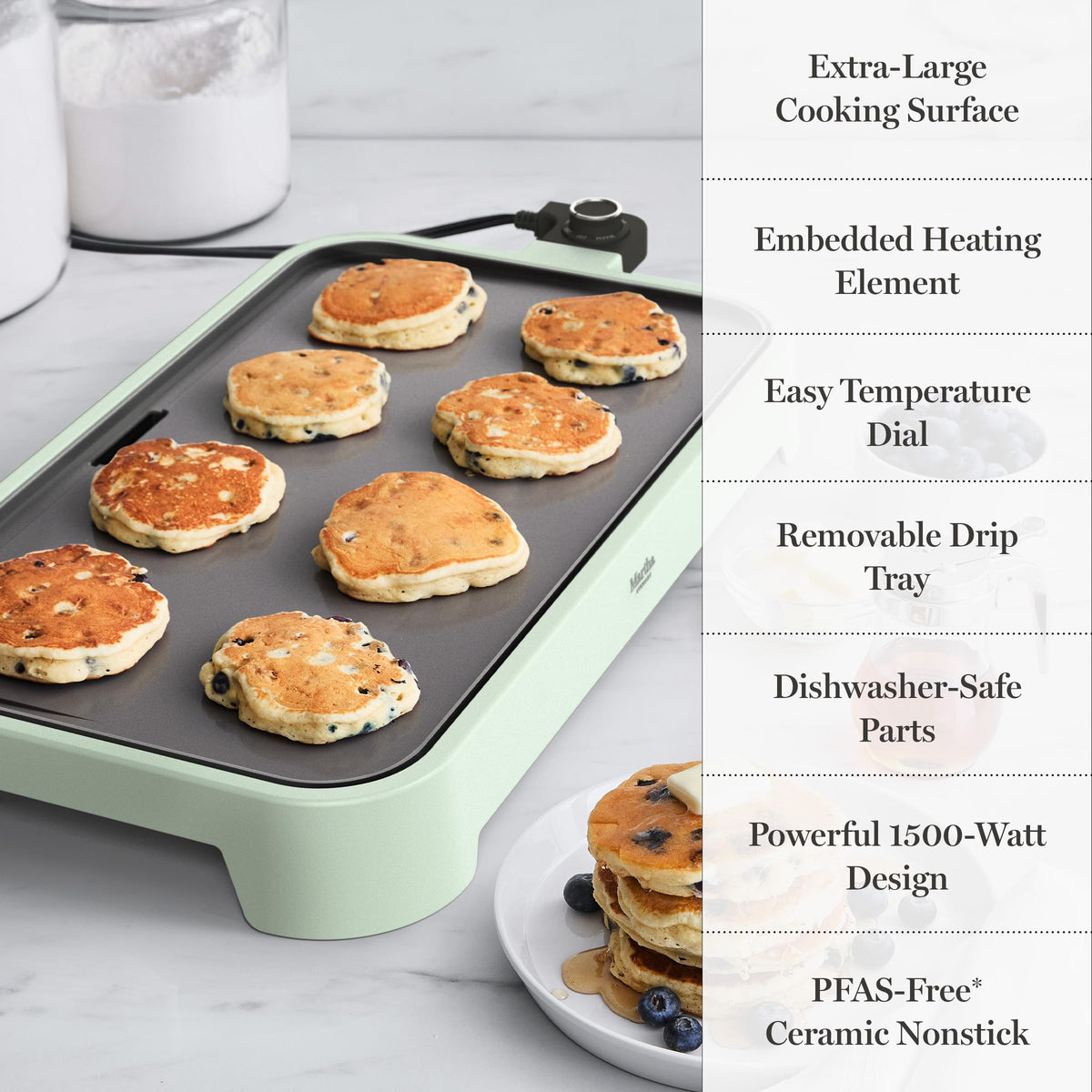 Removable drip tray collects grease for easy disposal and storage.