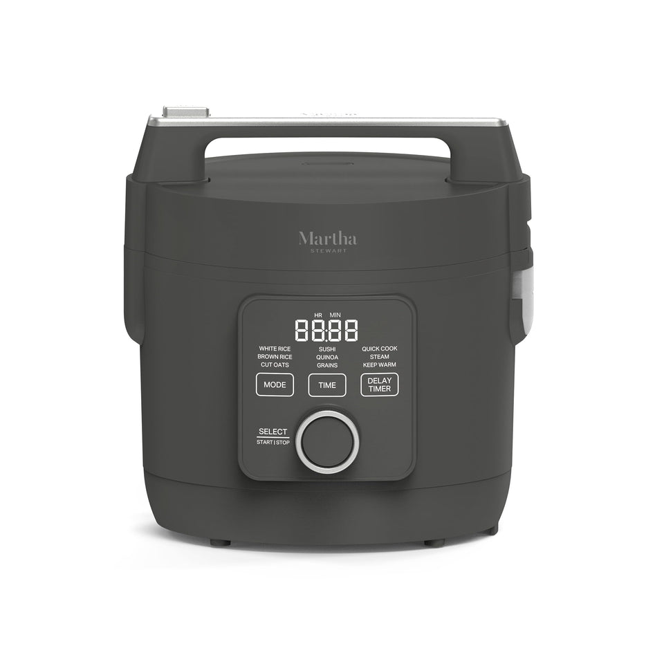 Martha Stewart Rice Cooker with 4-cup uncooked capacity delivering 8 cups cooked.
