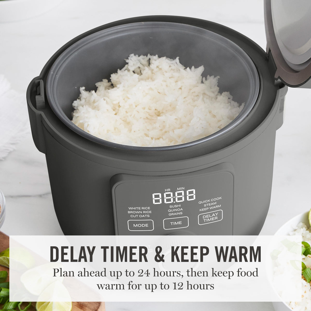 Delay timer feature on Martha Stewart Rice Cooker for smart meal planning.