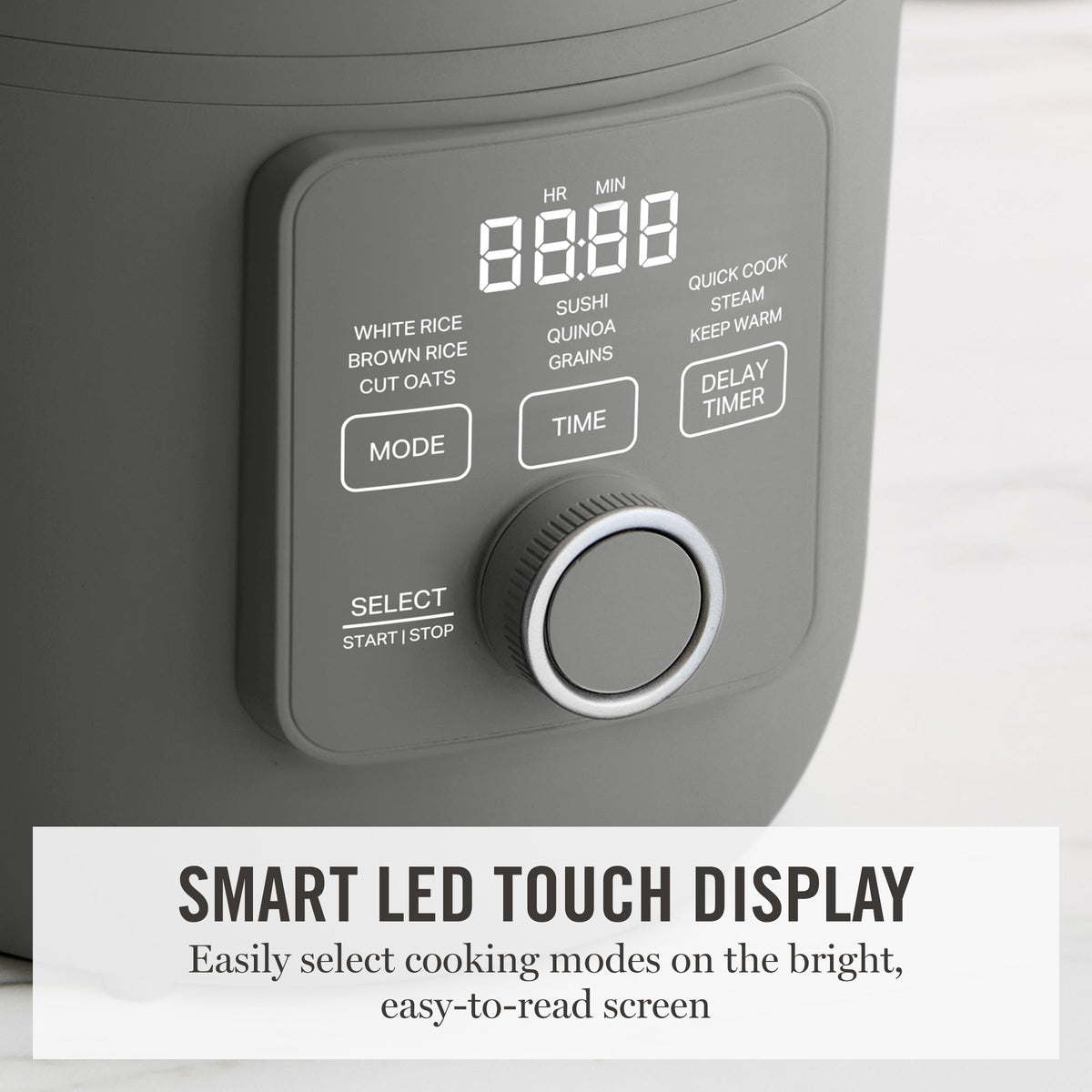 Martha Stewart Rice Cooker LED touch display simplifies mode selection.