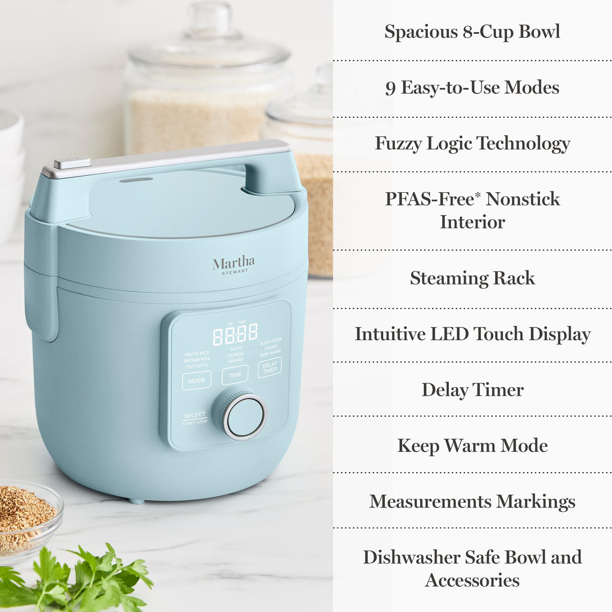 Martha Stewart Rice Cooker measurement markings aid precise water-to-rice ratios.