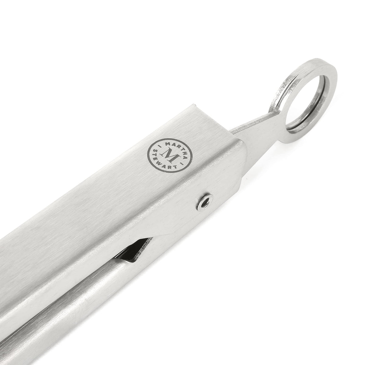 Martha Stewart Richburn tongs with pull-tab lock for compact storage.