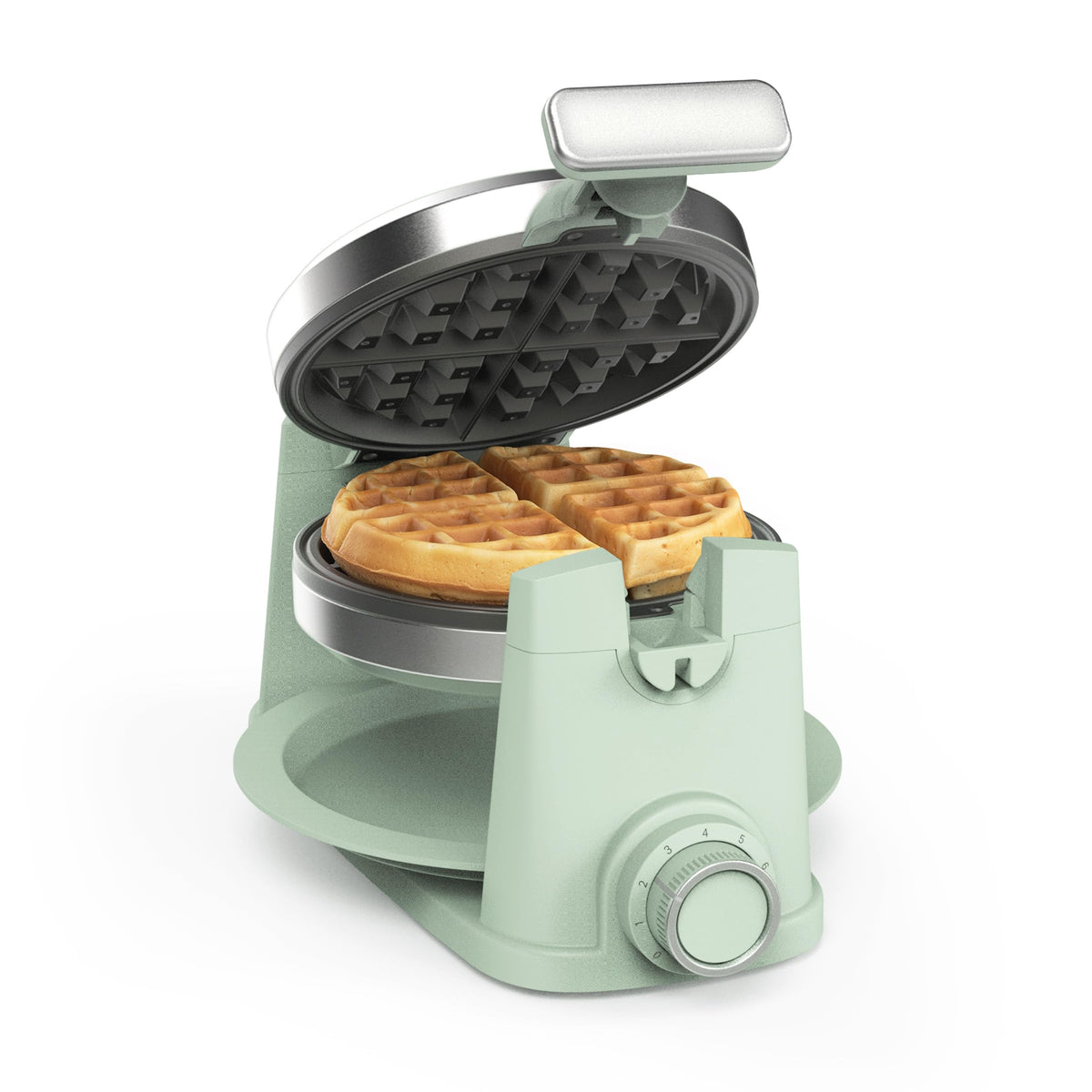 Martha Stewart rotating waffle maker 180-degree flip for even browning and fluffy interiors.