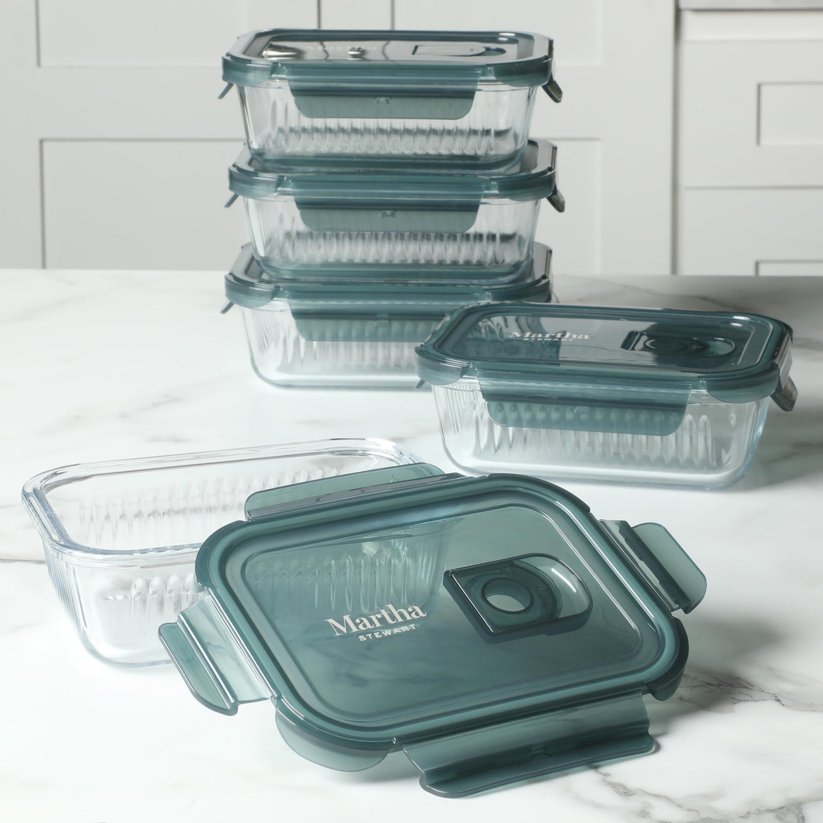 Martha Stewart Shadowbrook borosilicate glass resists temperature changes for fridge-to-table convenience.