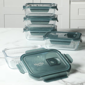 Martha Stewart Shadowbrook borosilicate glass resists temperature changes for fridge-to-table convenience.