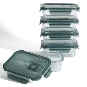 Shadowbrook stackable glass containers save counter space and simplify storage.