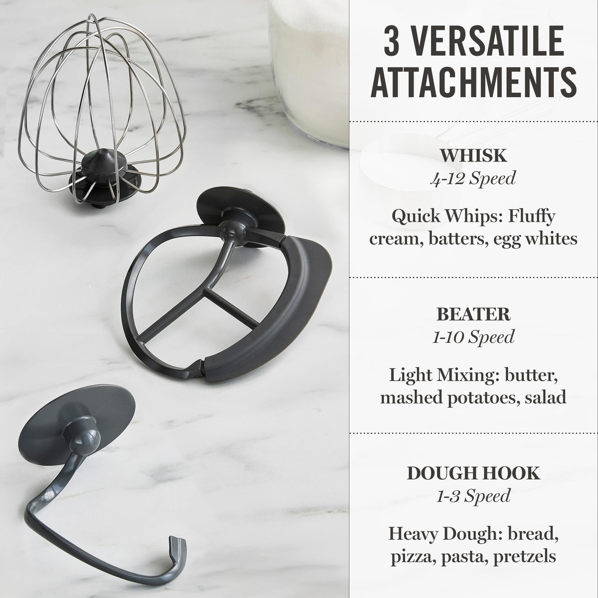 Martha Stewart stand mixer attachments: whisk, dough hook, and flat beater for versatile mixing.