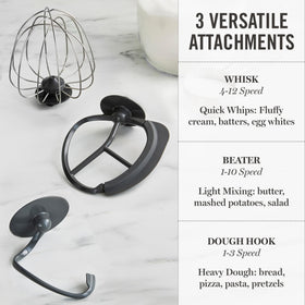 Martha Stewart stand mixer attachments: whisk, dough hook, and flat beater for versatile mixing.