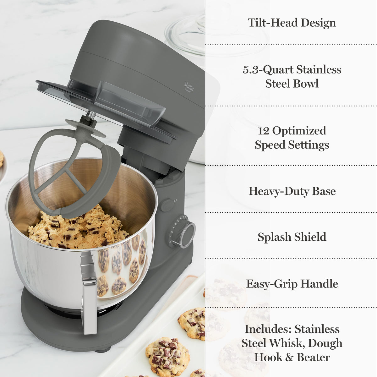 Compact, space-saving design of the Martha Stewart stand mixer fits smaller kitchens.