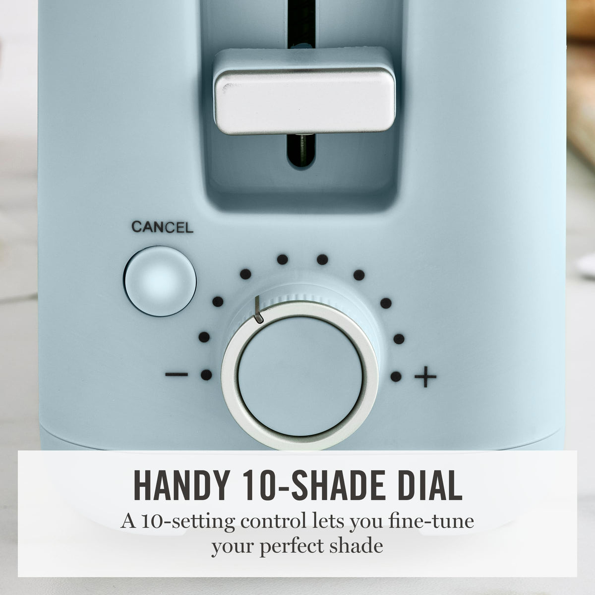 Martha Stewart toaster control-panel highlighting cool-touch design for safe operation.