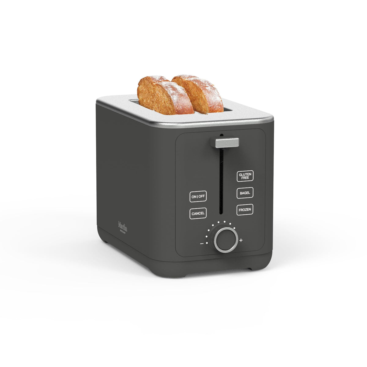 Martha Stewart 2-Slice Toaster front view shows sleek gray finish and even browning potential.