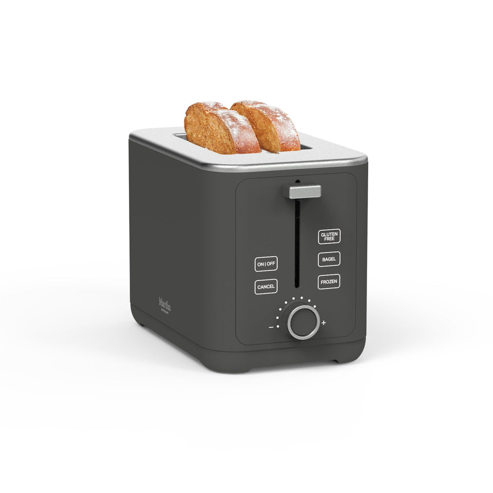 Martha Stewart 2-Slice Toaster front view shows sleek gray finish and even browning potential.
