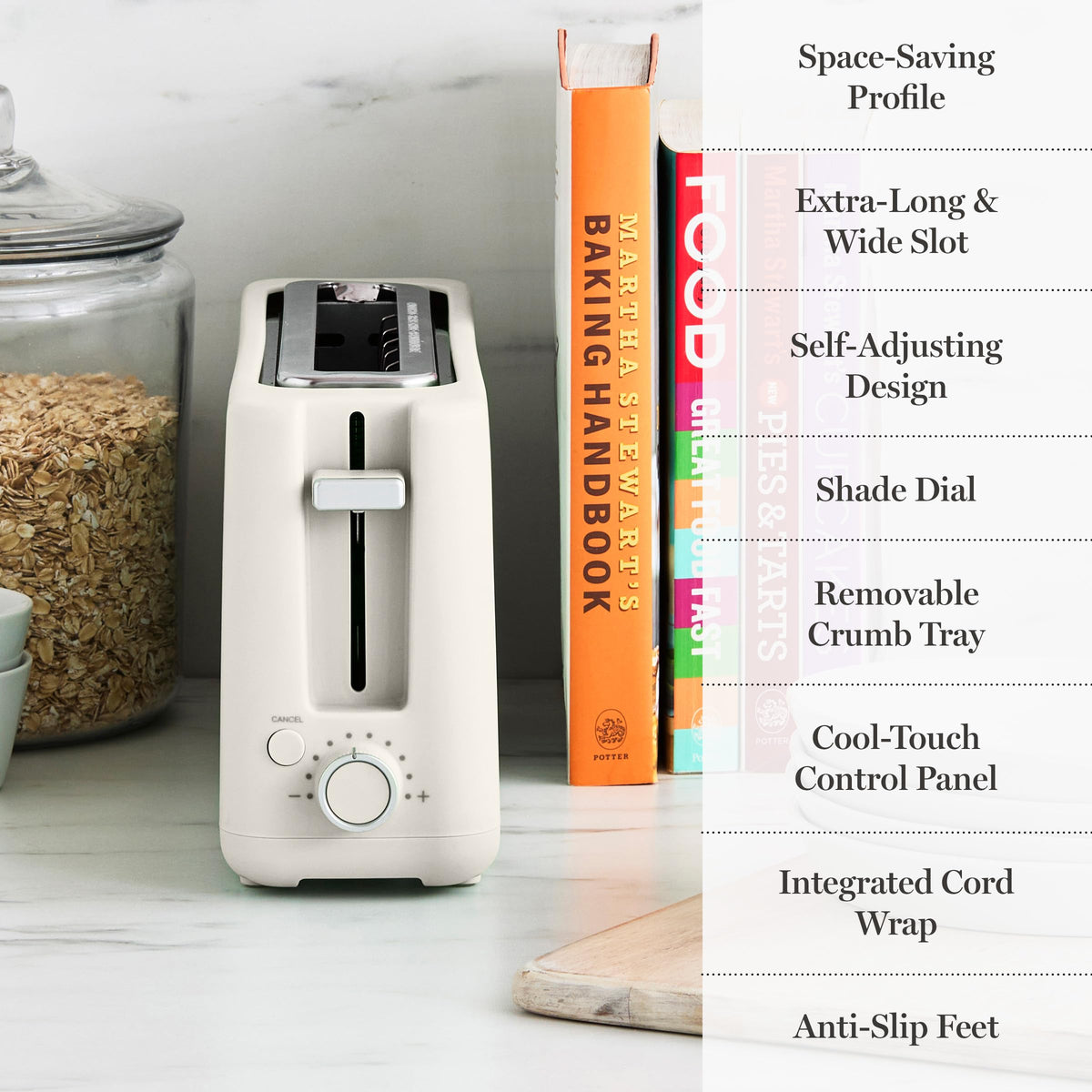 Martha Stewart integrated cord wrap keeps counters tidy.