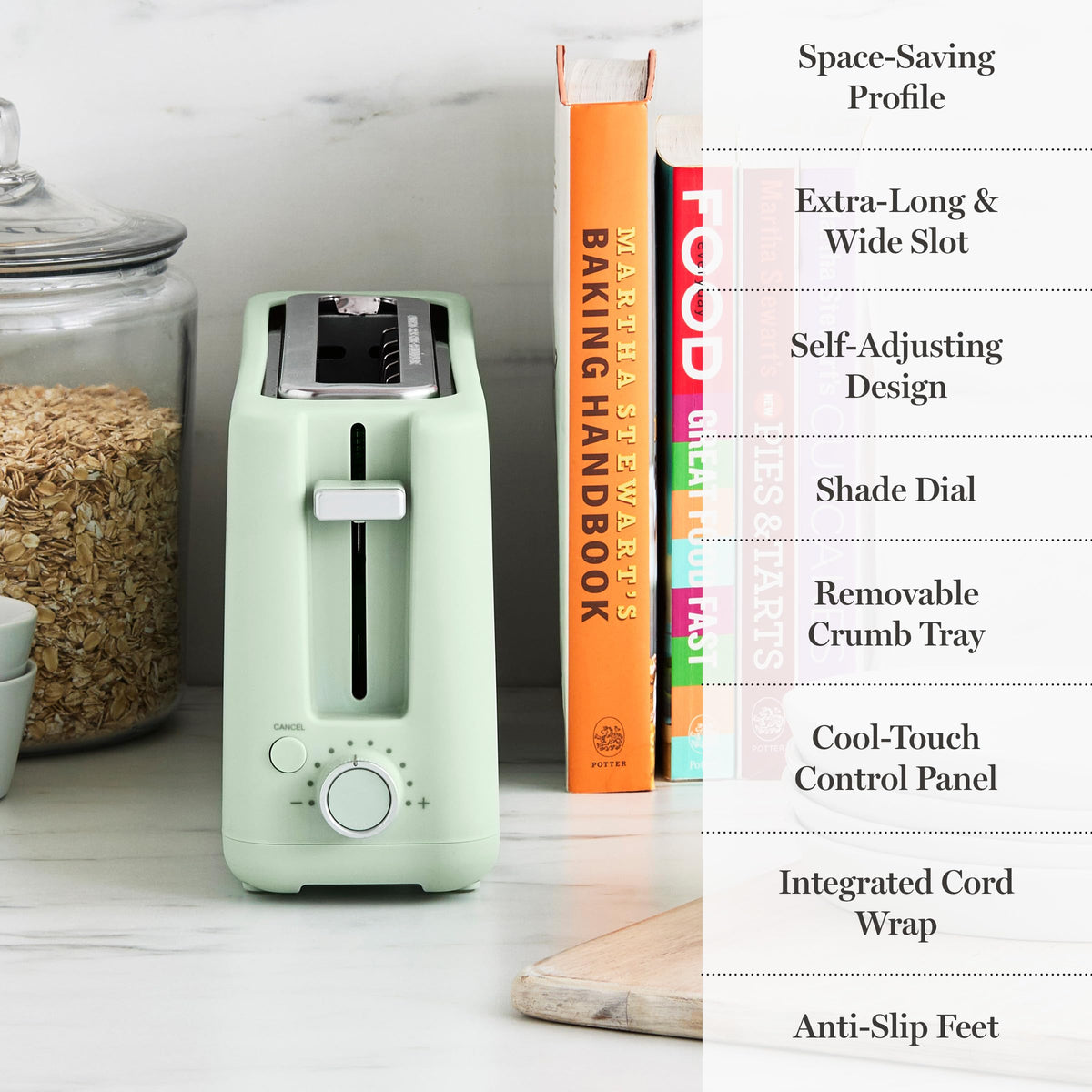 Martha Stewart toaster removable crumb tray for quick cleanup