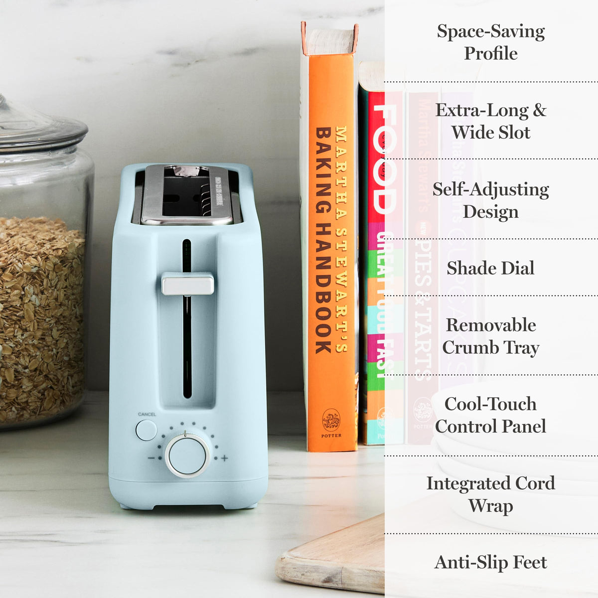 Martha Stewart toaster 10-setting shade-control dial offers precise browning options.