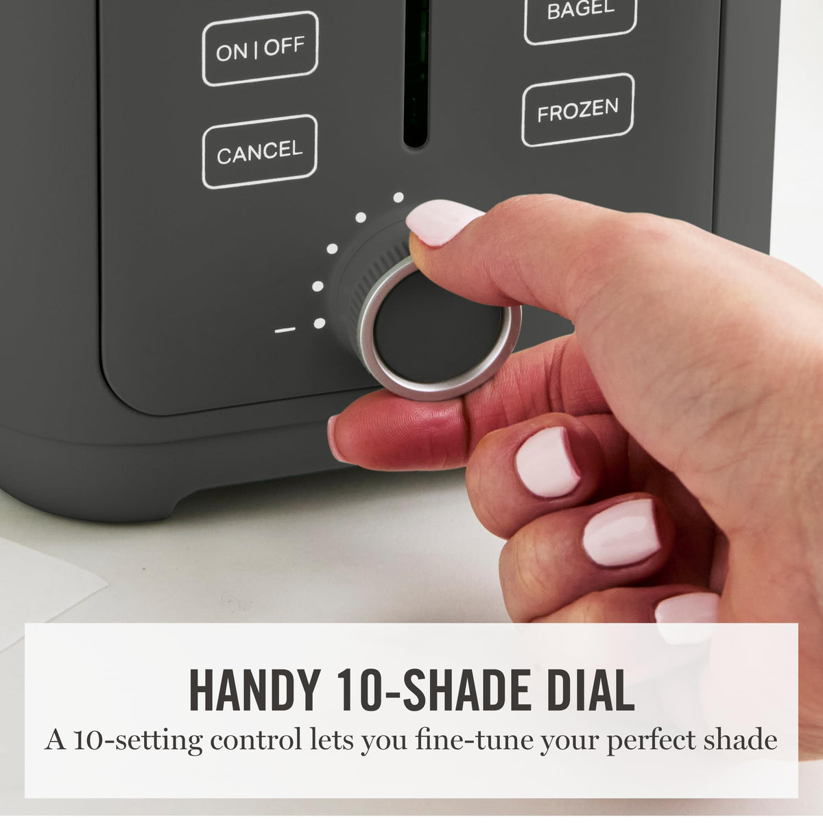 Side view of the Martha Stewart toaster highlighting its compact, space-saving silhouette.
