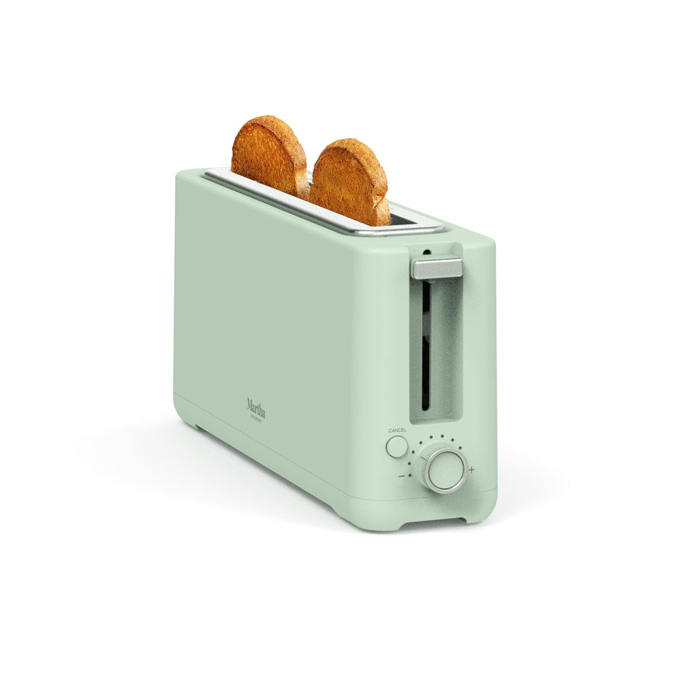Martha Stewart toaster slim profile front view showing compact kitchen design