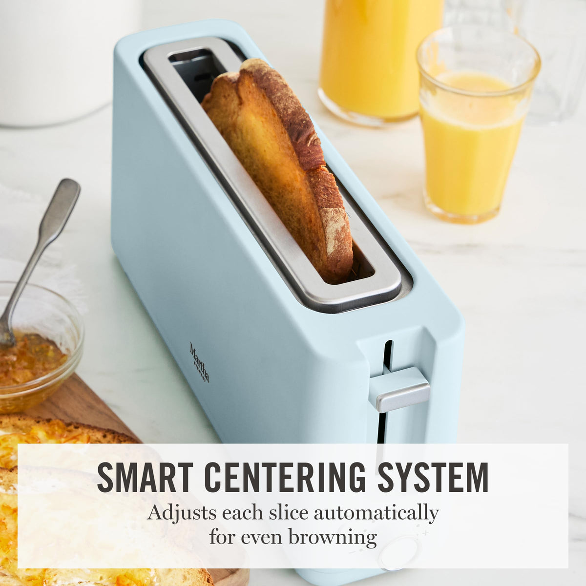 Martha Stewart toaster space-saving profile fits compact countertops.