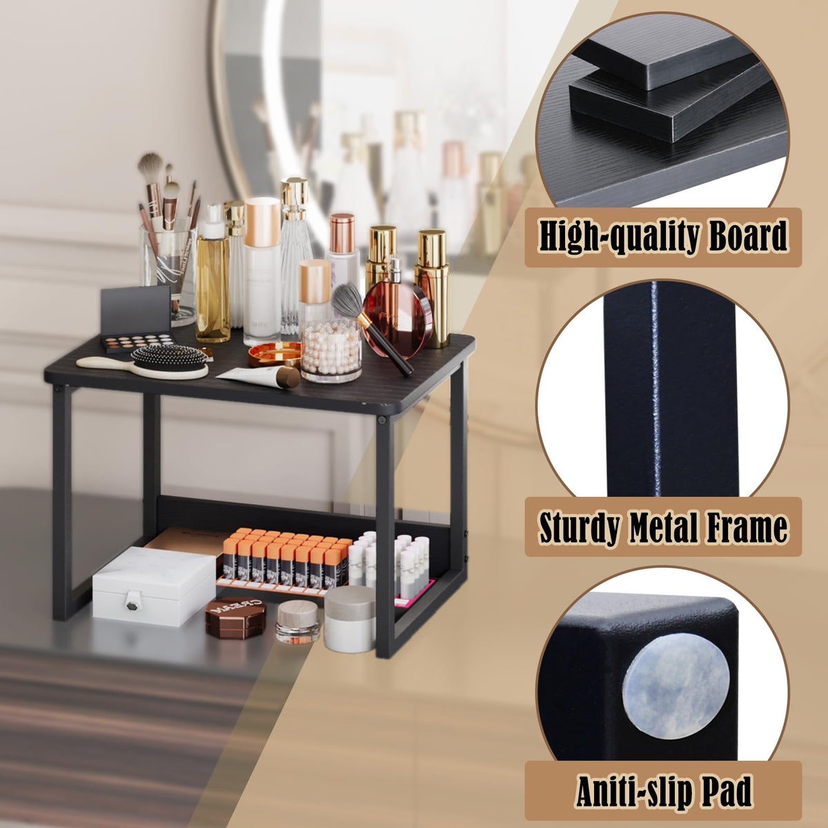 MARTY durable steel frame shelf supports up to 100 lbs for heavy items.