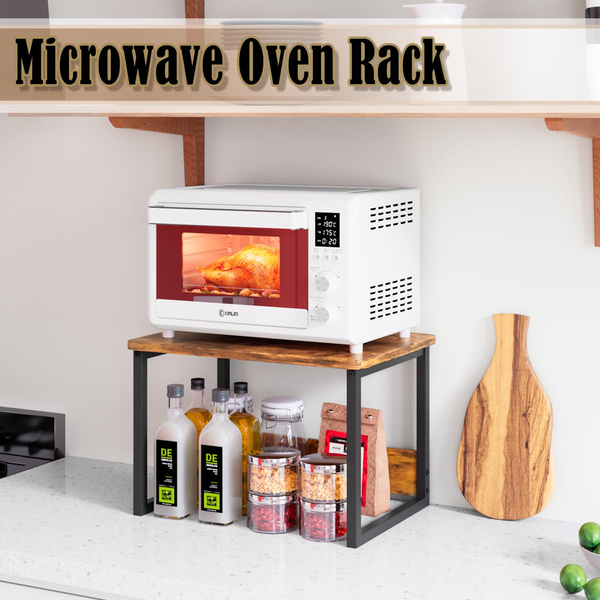 MARTY microwave-oven rack keeps compact appliances organized.