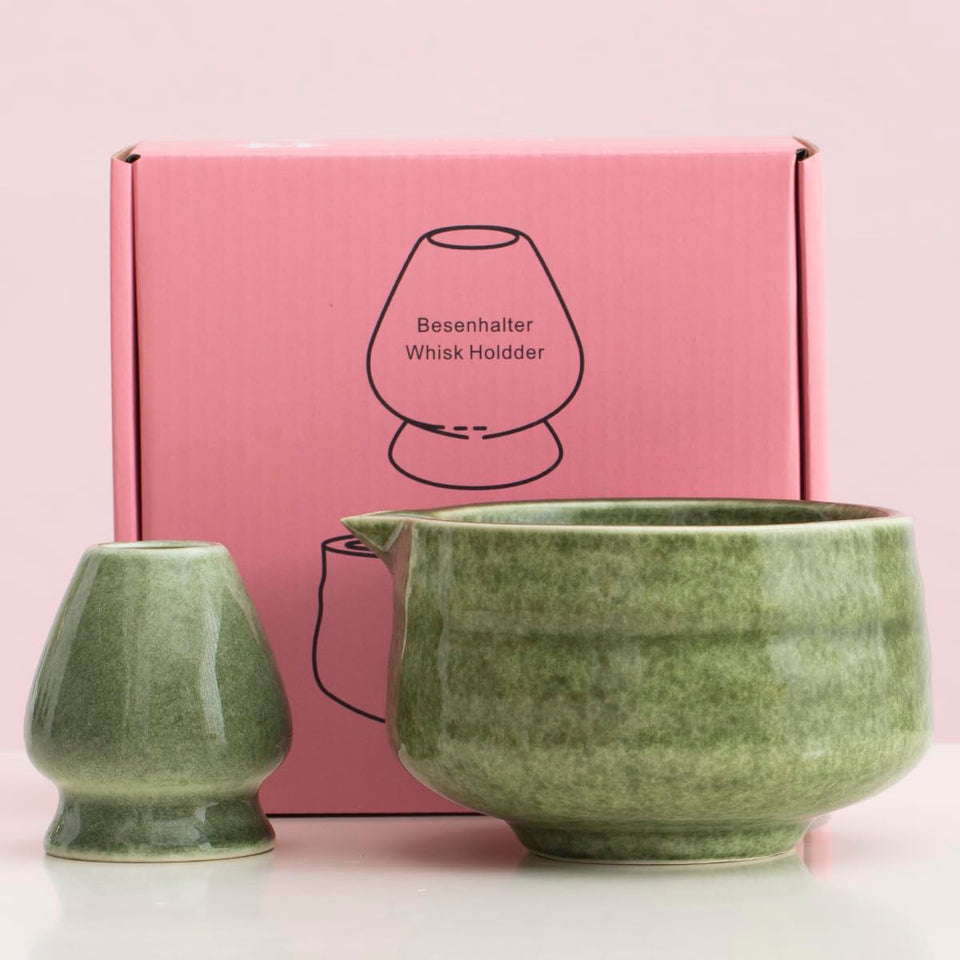 Masgangdamai Japanese matcha bowl with whisk holder for authentic ceremonial tea.