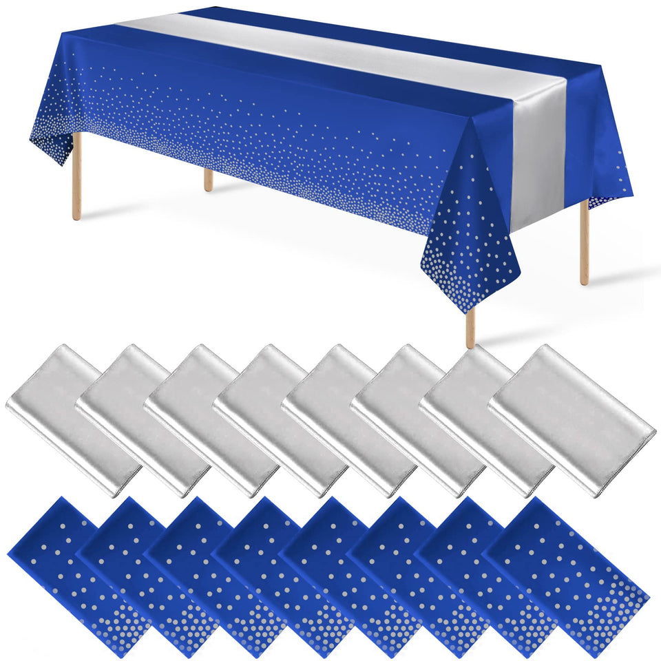 MASHAN 16-pack blue-silver dot tablecloth close-up, durable waterproof surface for hassle-free cleanup.