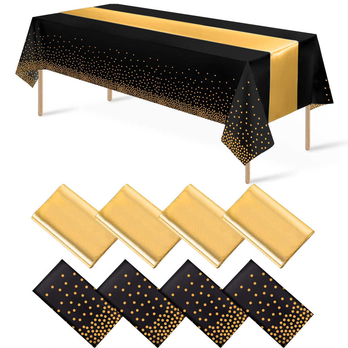 MASHAN 8Pack black gold dot tablecloth ready for formal celebrations and easy cleanup.