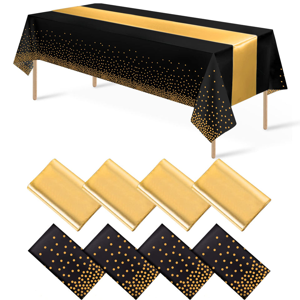 MASHAN 8Pack black gold dot tablecloth ready for formal celebrations and easy cleanup.