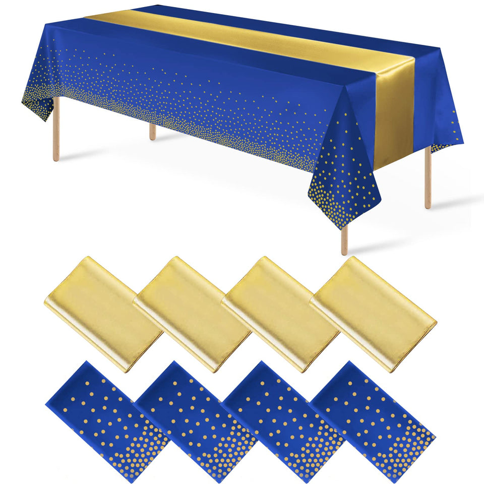 MASHAN 8Pack blue and gold confetti tablecloth for festive, spill-friendly occasions.