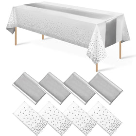 MASHAN 8Pack disposable tablecloth with white-silver dot for quick cleanup after celebrations