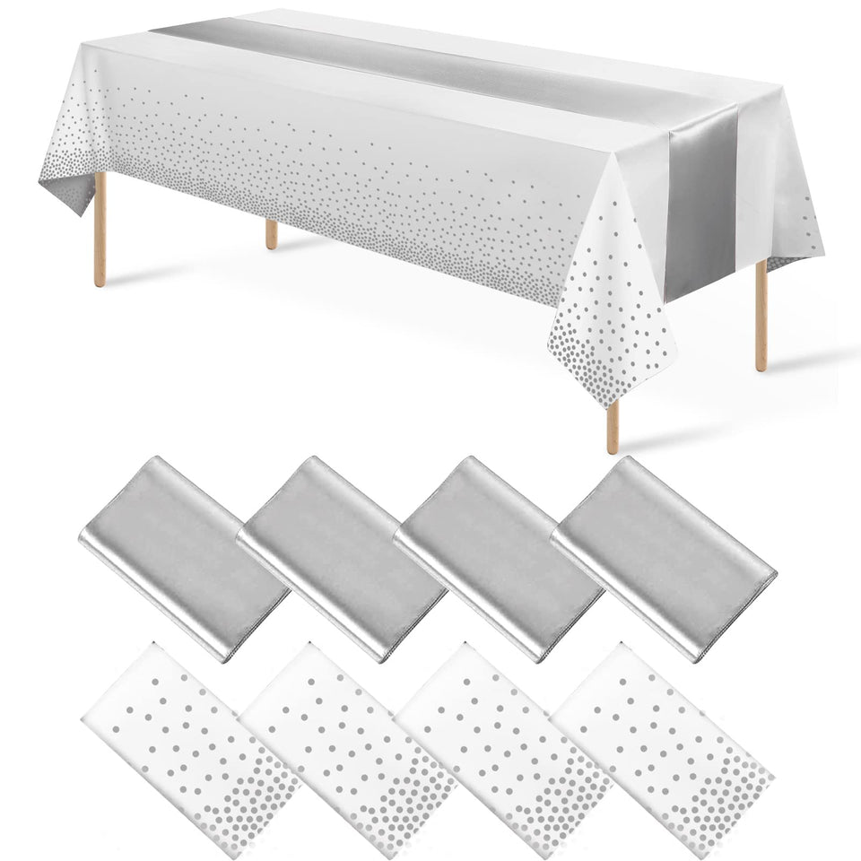 MASHAN 8Pack disposable tablecloth with white-silver dot for quick cleanup after celebrations