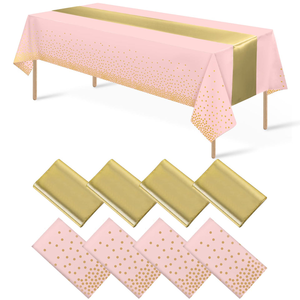 MASHAN 8Pack pink-gold dot tablecloth – festive centerpiece with easy cleanup