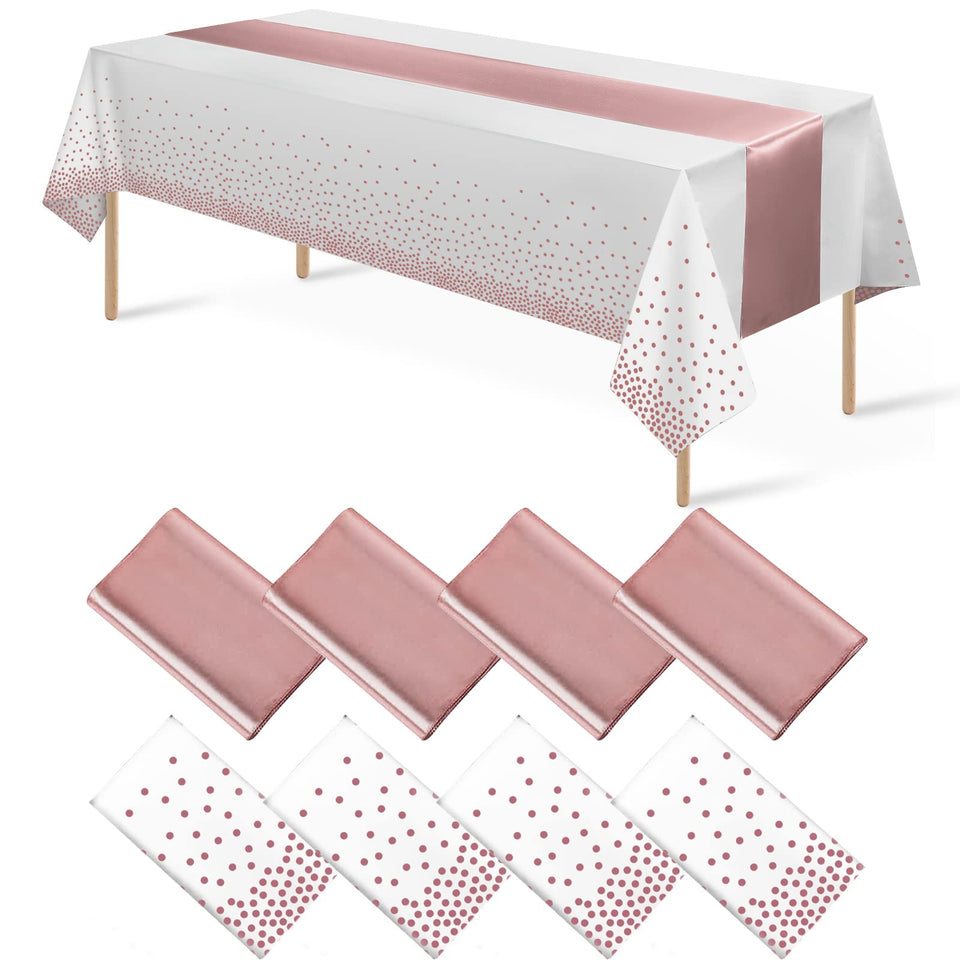 Mashan 8-pack plastic tablecloth with white rose gold dots for elegant weddings