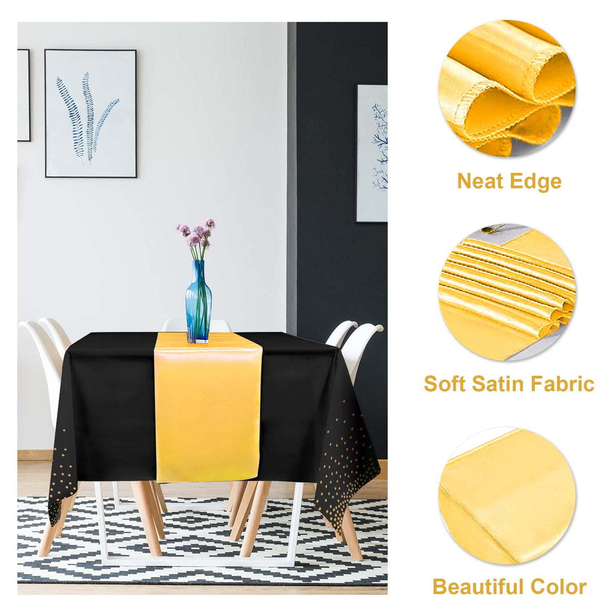 MASHAN black gold dot tablecloth closeup shows a durable waterproof surface.