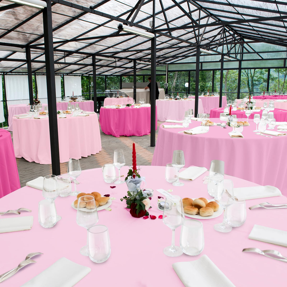 MASHAN pastel pink round tablecloth 84-inch collection brightens tabletops with a romantic vibe.
