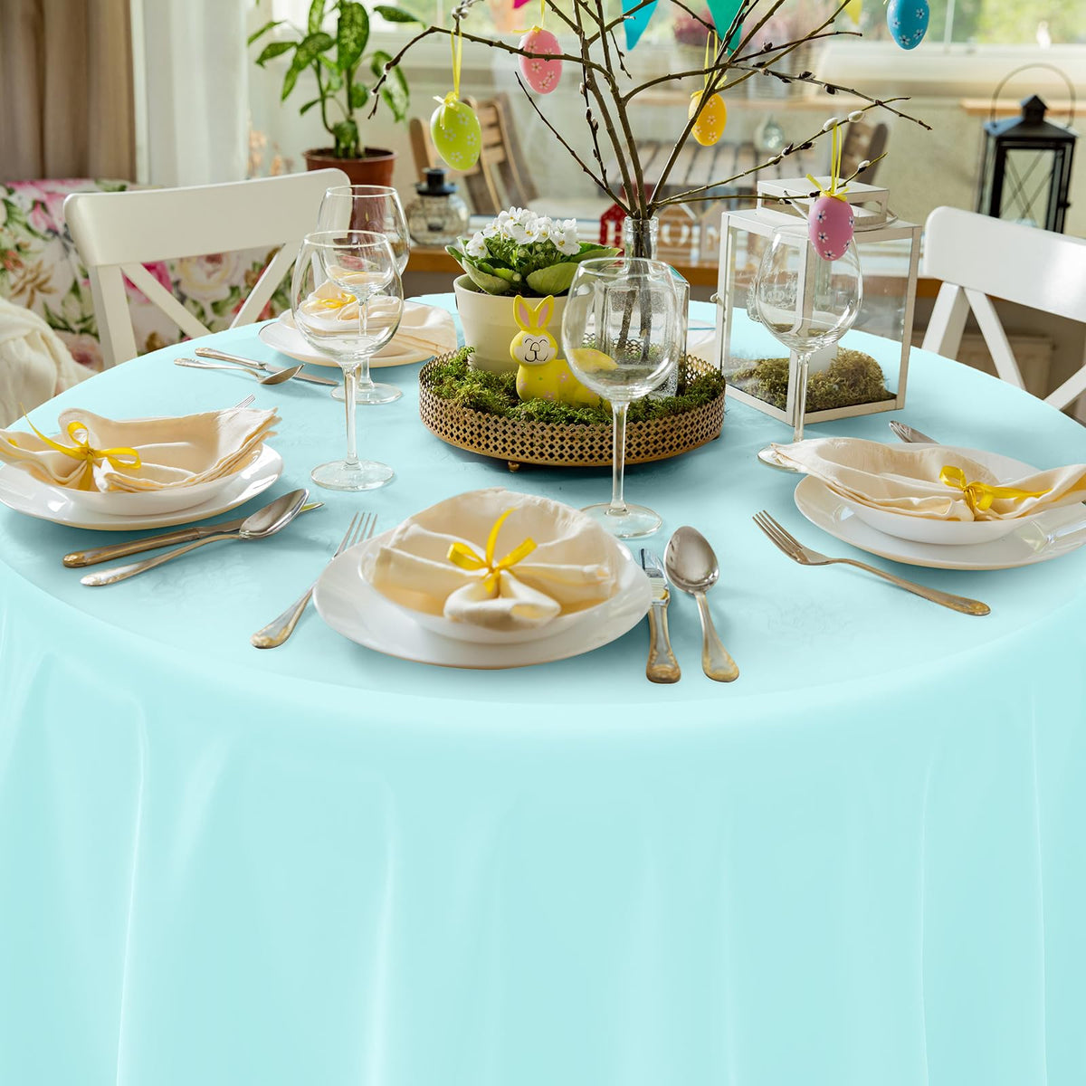 MASHAN pastel tablecloth round 84in light-green, convenient disposable option for quick cleanup.