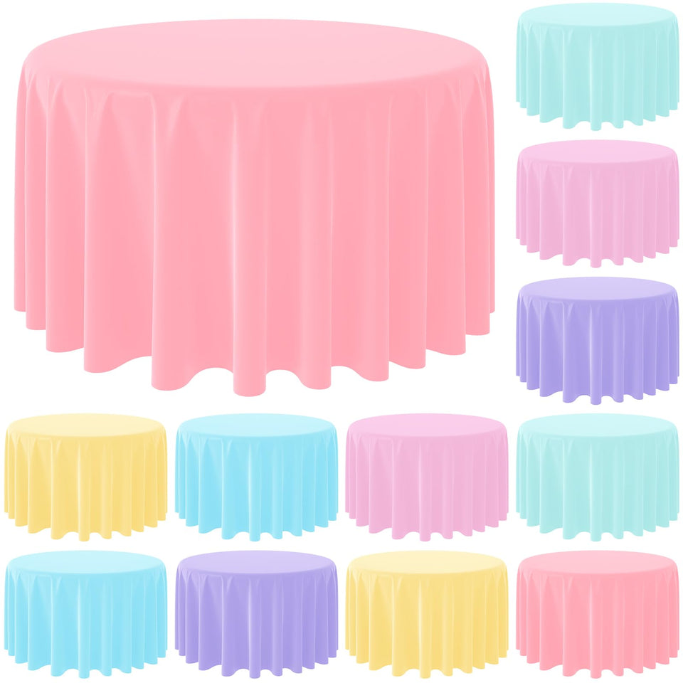MASHAN pastel tablecloth round 84in pink on table, waterproof surface protection for celebrations.