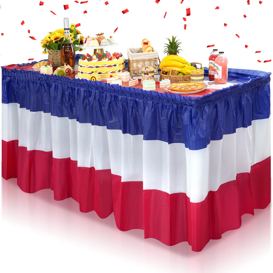 MASHAN patriotic table skirt in red white blue over a table for quick Fourth of July setup