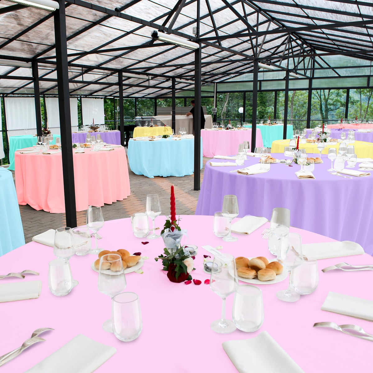 MASHAN rainbow round tablecloth on table enhances festive events.