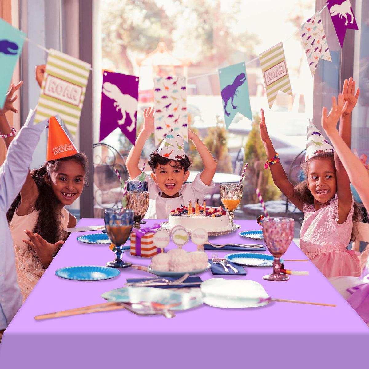 MASHAN rainbow tablecloth 12-color set shown on party table