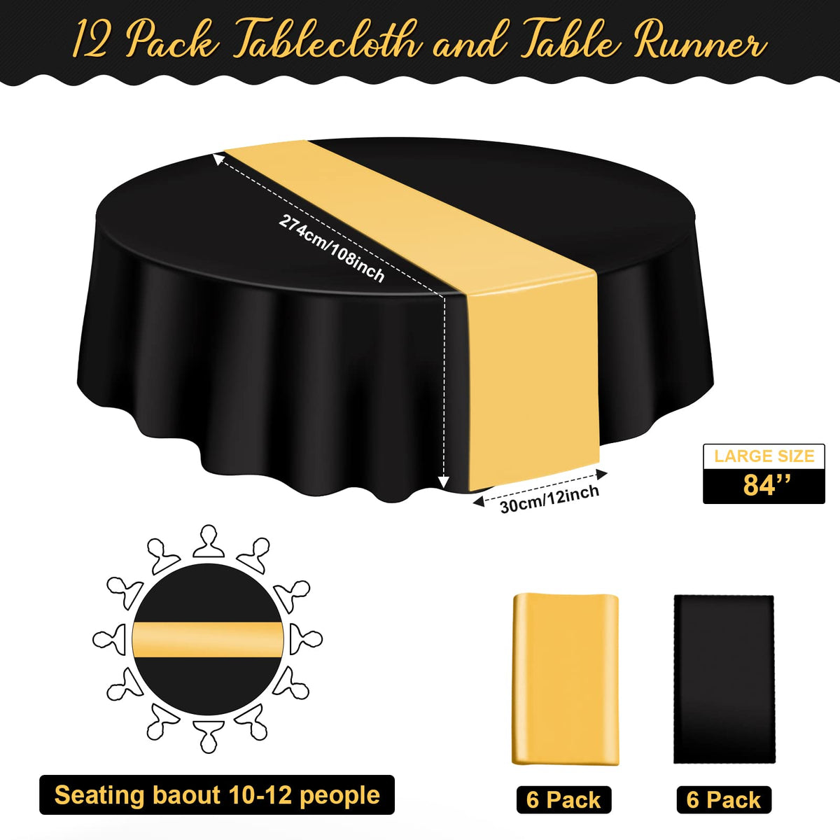 MASHAN 84-inch round plastic tablecloth protects surfaces with a chic black-gold look
