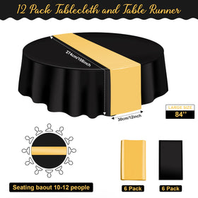 MASHAN 84-inch round plastic tablecloth protects surfaces with a chic black-gold look