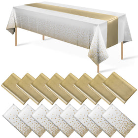 MASHAN white and gold confetti tablecloth on 54x108 inch table with festive shine