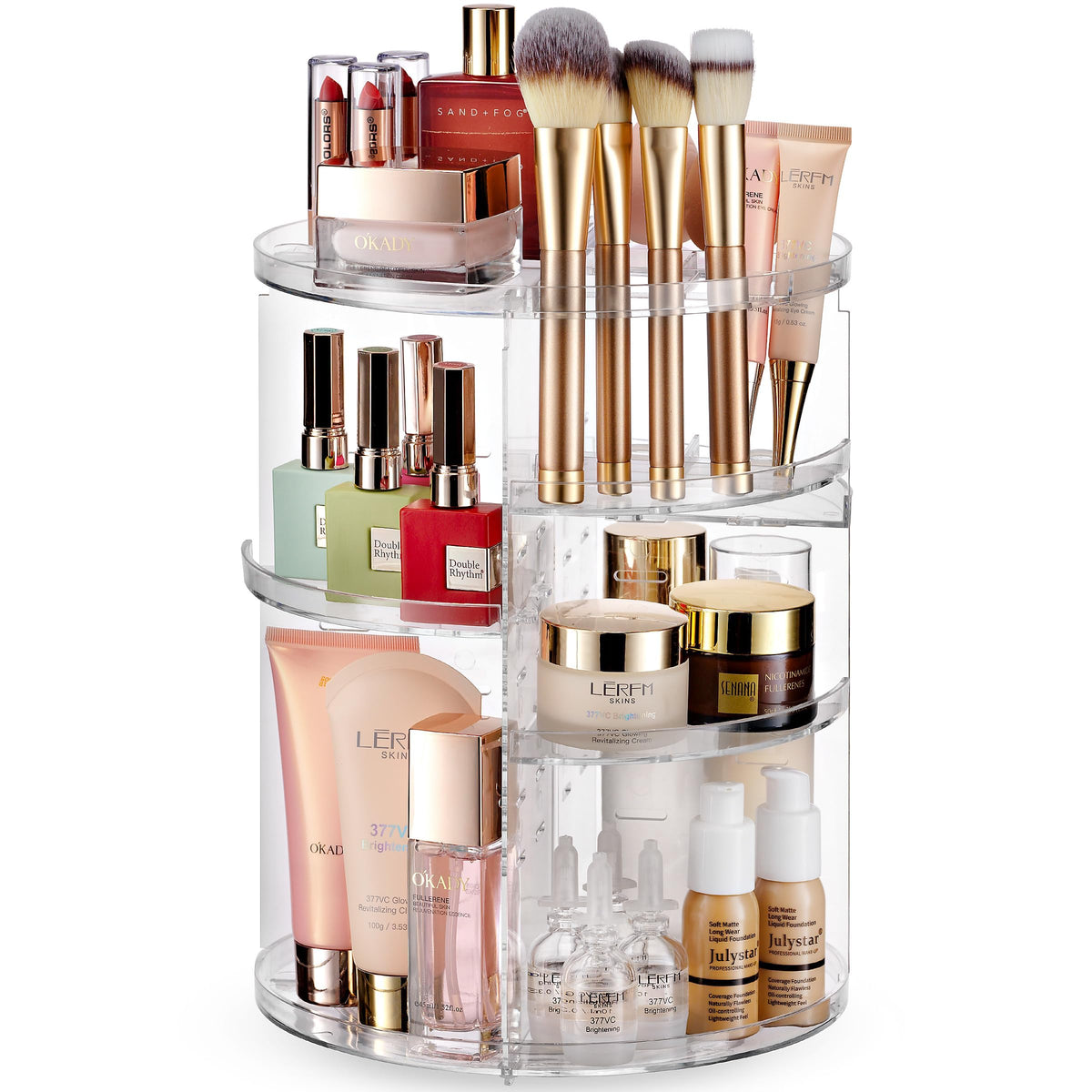 Masirs 360 rotating makeup organizer viewed from top for easy access.